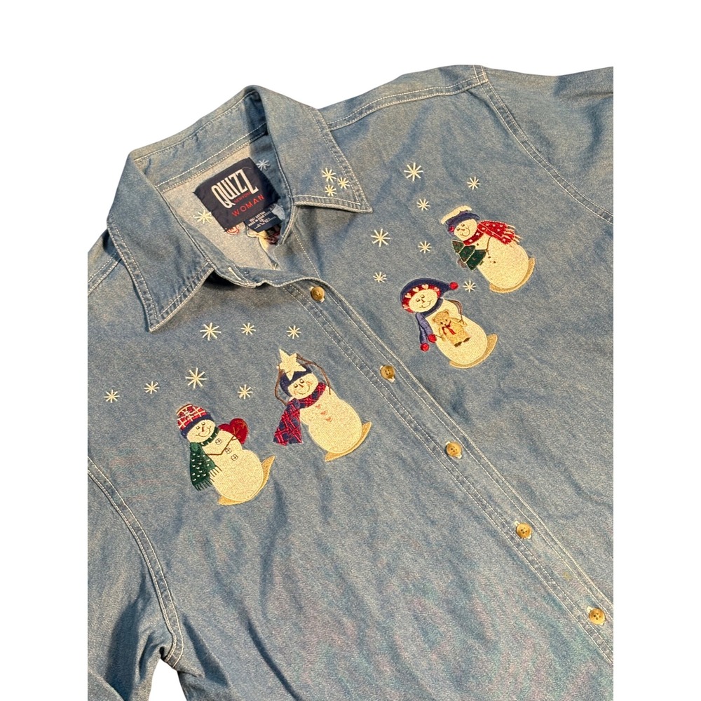 Womens Size 18 Denim Snowman Embroidered Button Up Shirt Blue Holiday Winter - Picture 3 of 9